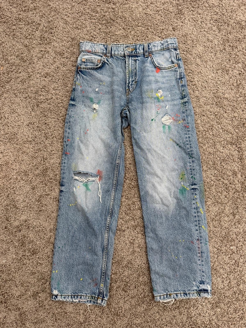 Zara Light Blue Straight Jeans with Multicolor Paint Accents